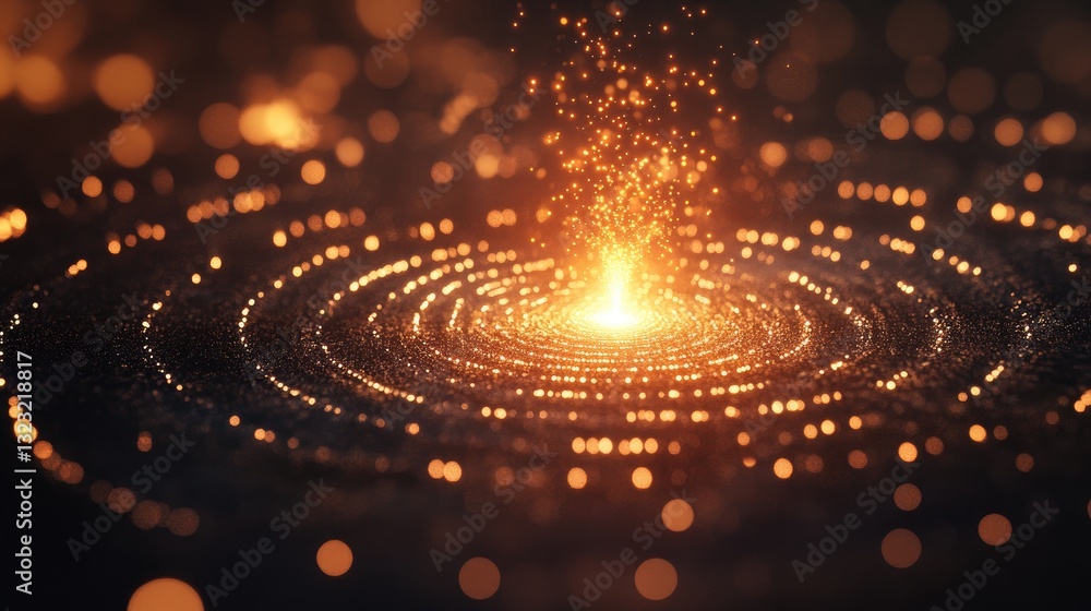 Poster glowing golden particles creating a mystical swirl in dark background with sparkling light effects