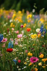 Obraz premium A vibrant meadow filled with wildflowers in full bloom under a clear blue sky, radiating nature's beauty.