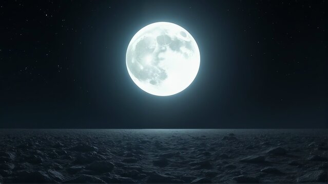 Generative A.I. creates a surreal nightscape where a massive, radiant moon looms over an alien terrain, casting an ethereal glow upon the rocky, desolate surface under a starry sky