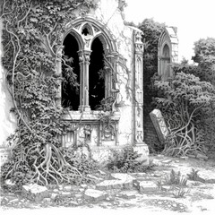 An ancient gothic building slowly succumbs to nature with thick vines and foliage enveloping its once-grand architecture. Crumbling stones and faint shadows highlight the passage of time