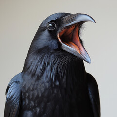 close up view of a black crow with mouth open,isolated on white