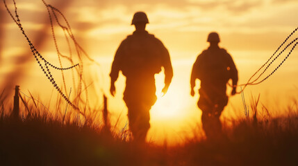 Obraz premium Silhouettes of soldiers walking along a barbed wire fence at sunset, representing military, struggle, or sacrifice.