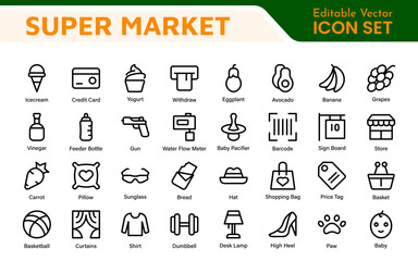 Supermarket Store Icon Collection. Modern Grocery Symbols for UI and Branding