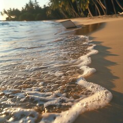 Waves softly lap against the shore, reflecting the warm colors of sunset. Palm trees stand tall in the background, creating a serene tropical atmosphere