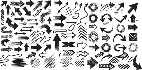 Arrow brush line chalk sketch texture brush vector set. Crayon marker scribble sketch stroke arrow element line brush hand drawn design. Texture abstract chalk, crayon style. Vector illustration