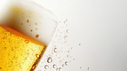 A close-up of a beer glass with foam and droplets of condensation on the surface.
