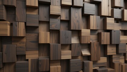 Geometric Wooden Blocks Wall, A Textural Harmony of Contrasting Brown Shades