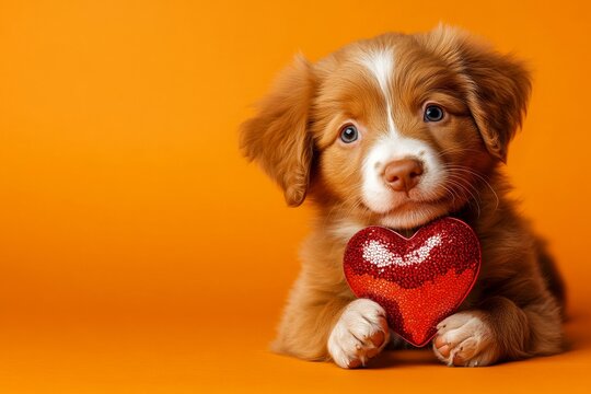 Cute nova scotia duck tolling retriever hound with sparkling rhinestones red heart - sign of love, funny greeting card. Nova scotia duck tolling retriever - my preferred dog. Promotion concept.