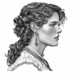 A young woman with wavy hair styled elegantly wears a distinctive pair of earrings. Her serene expression and intricate hairstyle highlight artistic details reminiscent of classical portraiture