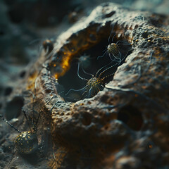 A mysterious burrow in an alien-like environment, with dark textures and an eerie atmosphere. It gives the impression of an unknown creature's dwelling.