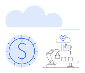 Robotic arm operating on assembly line linked to cloud network with dollar sign for cost efficiency. Ideal for automation, AI, logistics, innovation, finance, productivity, technology. Flat simple