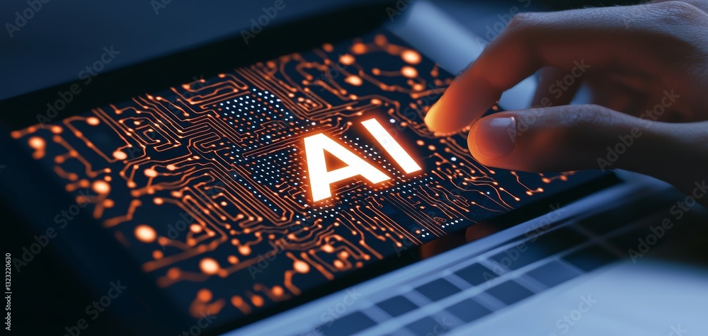 Aufkleber a futuristic ai technology concept with a person typing on a laptop, overlaid with glowing circuit l