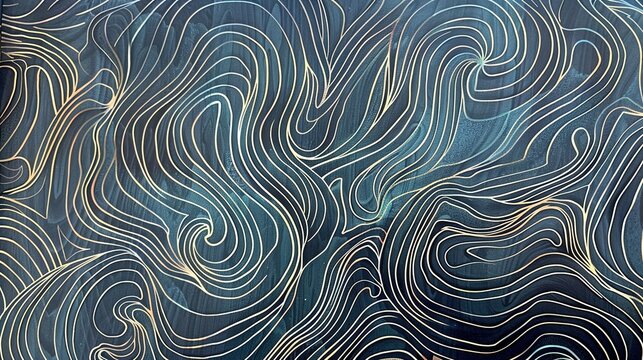 Captivating abstract wave pattern displayed on a dark blue background, featuring a subtle light neon metallic shine that adds a touch of modernity and allure. The intricate wave design creates a dynam