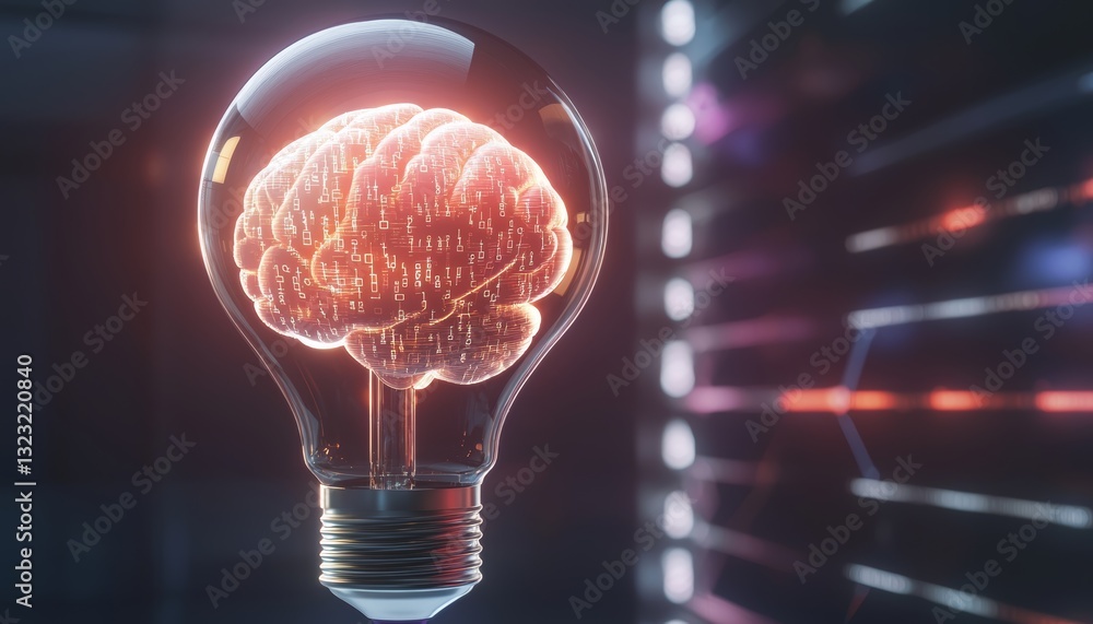 Poster a modern technology-inspired image with a luminous brain in a virtual light bulb, surrounded by futu