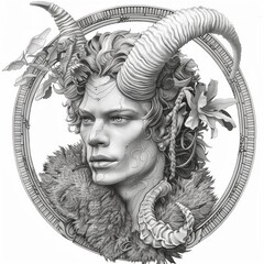 A striking depiction of a mythical figure with elaborate horns and a detailed floral headdress. The artwork features intricate line work and textures, enhancing the surreal quality
