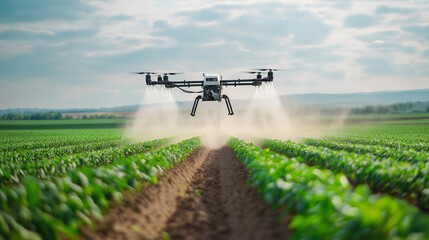A drone spraying fertilizer or pesticide over rows of crops in a field under a bright sky.