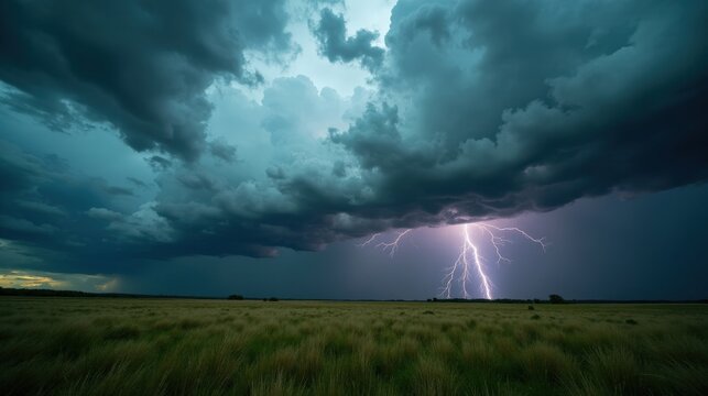A vast grassland beneath a dramatic storm sky, lightning bolts striking in the distance. Dark clouds roll across the horizon as golden grasses sway in the wind.