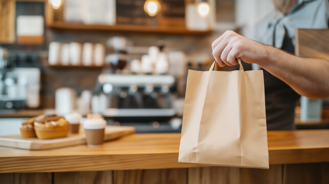 A baker preparing a paper bag for takeaway service in a warm, cozy cafe setting.
