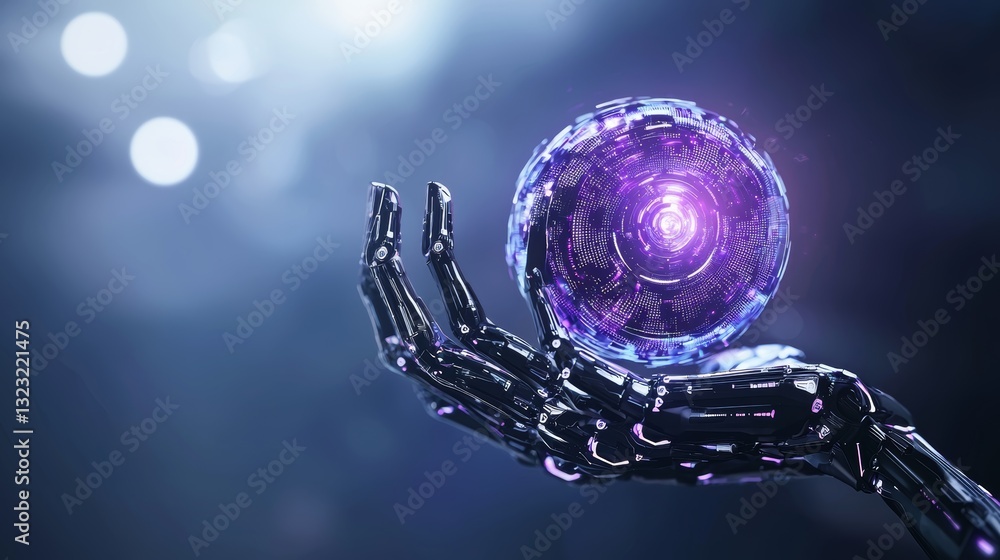 Poster a robotic arm presenting a glowing artificial intelligence core, with swirling holographic data and 