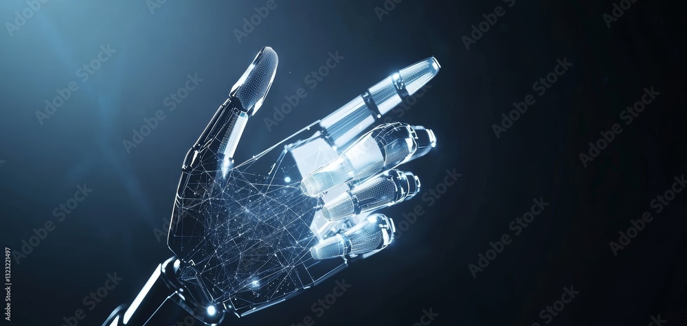 Poster a high-tech artificial intelligence concept featuring a robotic hand holding a neon-blue ai interfac