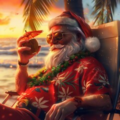 A cheerful figure dressed as Santa Claus sits back in a lounge chair on the beach, sipping a coconut drink with a small umbrella, surrounded by palm trees at sunset