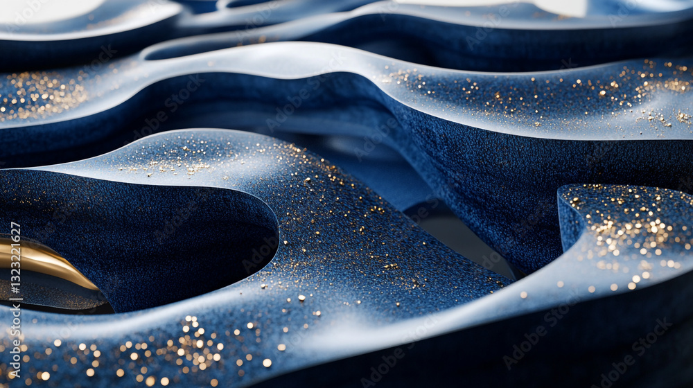 Poster abstract blue wavy surface with golden accents. a captivating abstract digital image featuring a smo