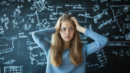 A stressed young girl holding her head in front of a chalkboard filled with complex mathematical equations.