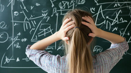 A stressed young woman holding her head in front of a chalkboard filled with complex equations, showing frustration.
