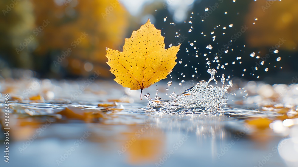 Poster yellow leaf falling into water creating splash and reflection