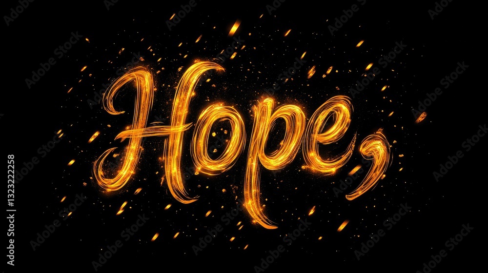 Poster bright and inspirational word art design of hope in sparkling golden light with dynamic splashes on 