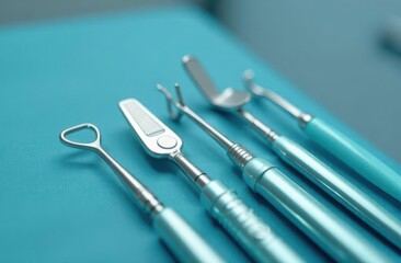Surgical tools lined up on a surgical tray in a medical setting