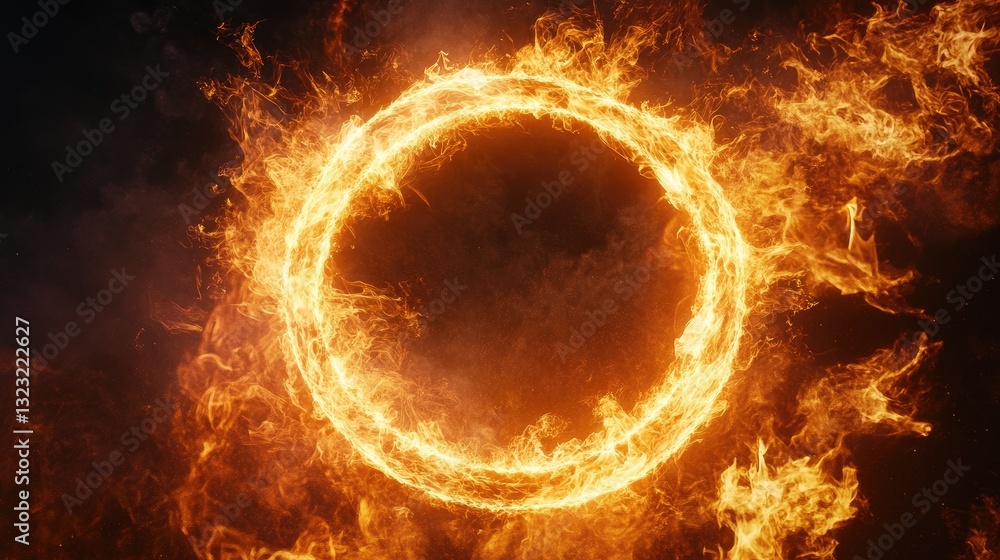 Poster fiery circular shape with bright flames emanating in a dark background atmospheric effect