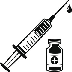 Medical Syringe and Vaccine Bottle Icon – Injection, Immunization, Healthcare, Black and White Vector Illustration
