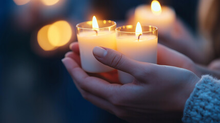 A person holding a lit candle in their hands during a vigil, with multiple glowing candles in the background.