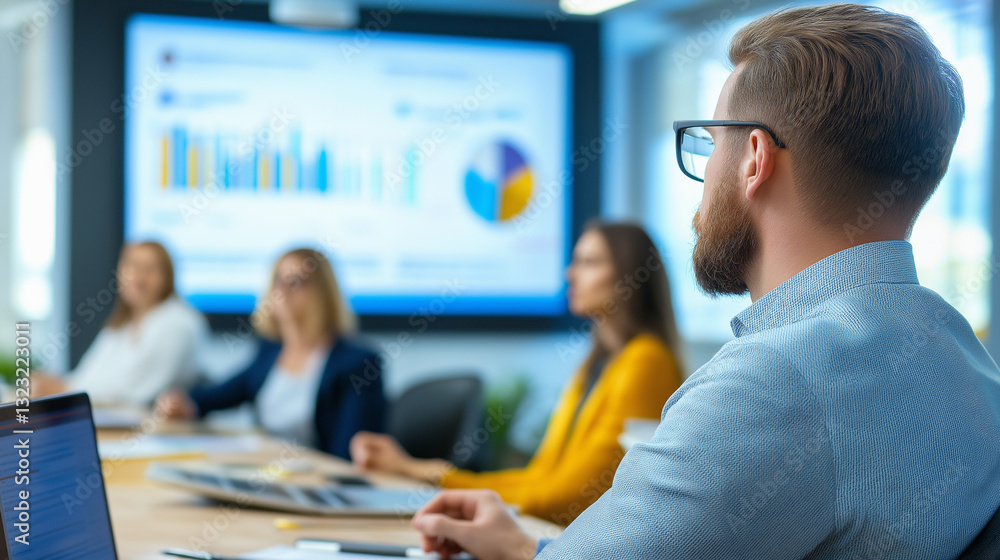 Poster a classroom setting with students attentively listening to a business presentation with data charts.