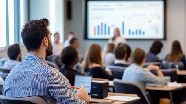 A classroom setting with students attentively listening to a business presentation with data charts.