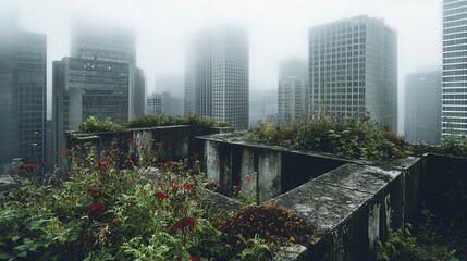 Obraz premium Overgrown rooftop, foggy city, urban decay, nature reclaiming