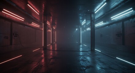 Naklejka premium Neon Cyberpunk Corridor: Futuristic Red and Blue Glowing Lights in a Dark, Foggy Industrial Setting
