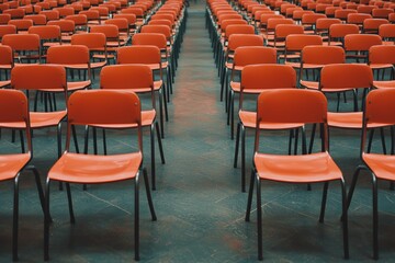 Naklejka premium A corporate workspace with a minimalist aesthetic, featuring metal-framed chairs, polished desks, and a neutral color scheme for a sleek, modern look