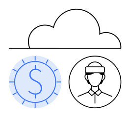 Outline of cloud, circle with dollar sign symbolizing finance, and user avatar in headgear. Ideal for finance, technology, cloud computing, connectivity, business strategy innovation teamwork. Flat