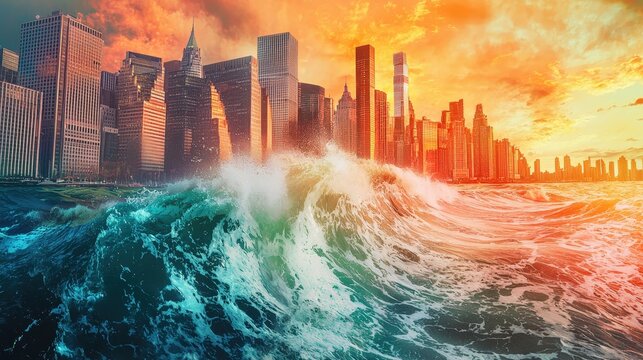Gigantic tsunami is approaching the city, flashover city cataclysm landscape panorama