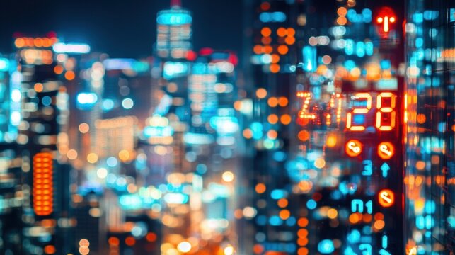 Vibrant Night Cityscape with Blurred Lights and Digital Clock - Powered by Adobe