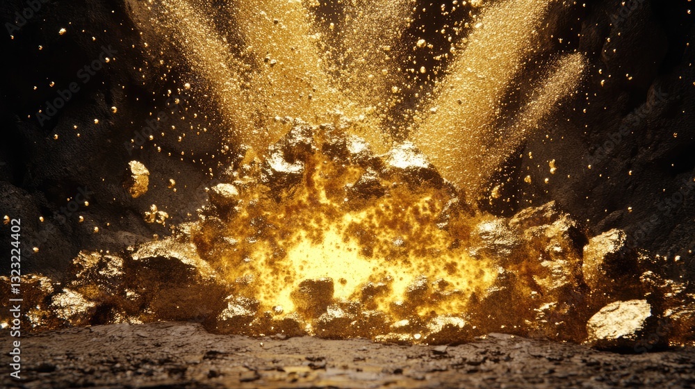 Poster explosive eruption of golden particles creating an eye-catching visual display of richness and energ