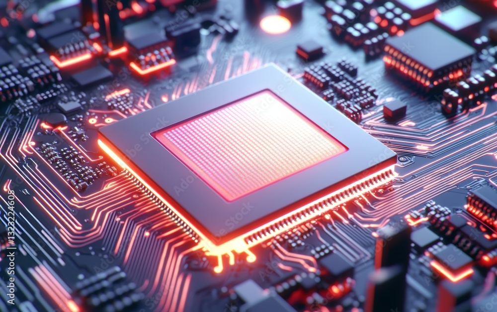 Poster a close-up of a digital esim processor with a glowing holographic effect, representing next-generati