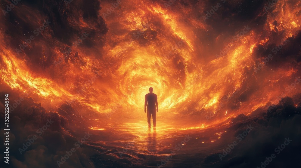 Poster surreal scene of a figure standing in fiery swirling clouds against a background of intense light an