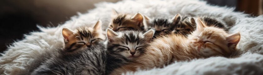 Fototapeta premium Adorable fluffy kittens cuddling together on a giant pillow, creating a heartwarming scene of comfort and friendship.