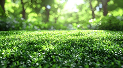 Naklejka premium Lush Green Ground Cover with Blurred Trees Background for Natural and Serene Outdoor Experience