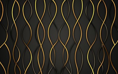 Seamless minimalist golden curved linear motifs on matte black, refined Art Deco pattern, sophisticated high-end ornamental symmetry