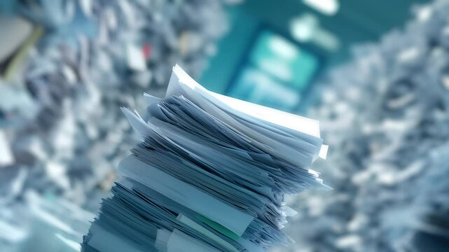 A large stack of papers sits on a glass surface with a blurred background of more papers.