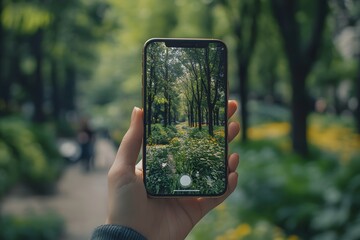 a hand holding a smartphone capturing a scenic forest pathway.